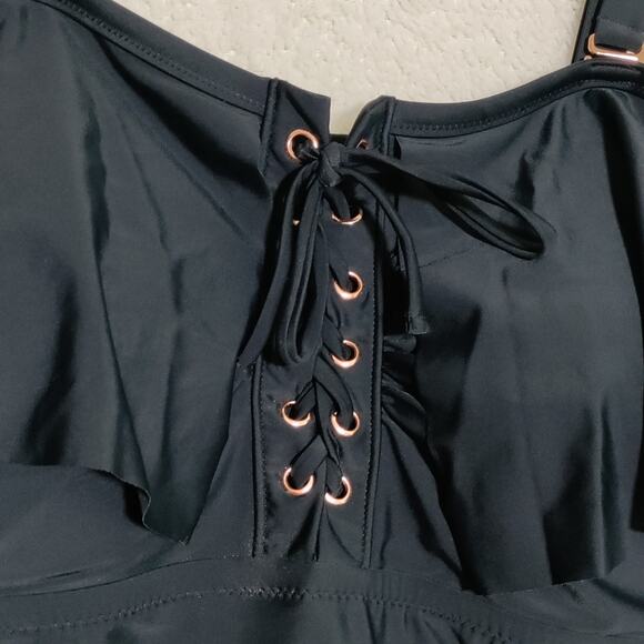 Raisins Curve Plus Size Swimsuit Womens 24W Black Off Shoulder Lace Up Rose Gold - Picture 5 of 13
